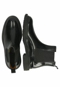 Czarne skórzane botki typu Chelsea z elastycznymi bocznymi panelami, zaokrąglonym noskiem i gumową podeszwą. Charakteryzują się gładkim wykończeniem i minimalistycznym designem.