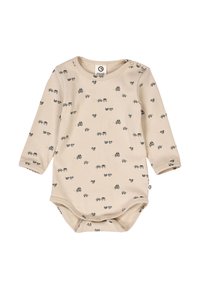Long-sleeve beige baby bodysuit with vehicle patterns in gray and yellow. Features snap closures at the shoulder and bottom for easy dressing.
