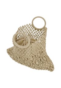 Gevlochten mand in beige, met een patroon. Twee ronde handvatten en een stoffen voering verbeteren het gebruiksgemak en de structuur. Getextureerde afwerking.