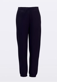 Czarne, luźne spodnie z elastycznym pasem, bez widocznych kieszeni, o gładkiej fakturze, odpowiednie do codziennego noszenia lub jako odzież domowa.