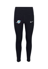 Leggings sportivi neri realizzati in materiale elastico, con il logo dei Miami Dolphins sulla gamba sinistra e il logo Nike bianco sulla destra.