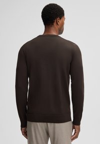 Brauner, langärmliger Pullover mit Rundhalsausschnitt und geripptem Saum. Weicher Stoff mit nahtlosen Schultern, von hinten betrachtet.