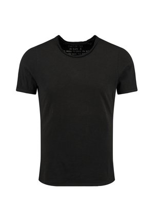 Schwarzes T-Shirt mit kurzen Ärmeln aus weicher Baumwolle, mit Rundhalsausschnitt und glatter Textur, ohne sichtbare Muster oder Akzente.