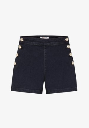 Dunkelblaue Denim-Shorts mit hoher Taille, die goldfarbene Knöpfe an den Seiten und eine glatte Textur aufweisen. Mit umgeschlagenem Saum.