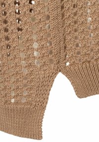 Tessuto a maglia marrone chiaro con motivi a traforato verticali e orlo a coste con un piccolo intaglio a forma di V.
