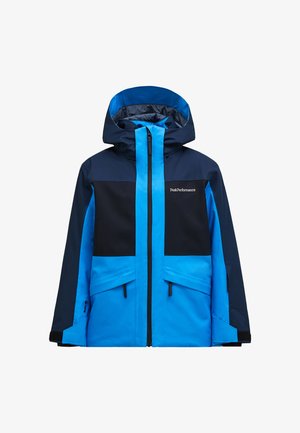 Blå og sort vinterjakke med hætte, frontlynlås, to skrå lommer og Peak Performance-logo på brystet.
