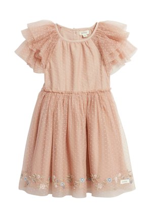 Light pink toddler dress with puffed sheer sleeves, dotted texture, gathered waist, and floral embroidery along hem.