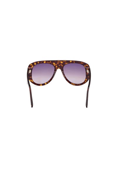 Tortoiseshell sunglasses with a chunky frame, gradient purple lenses, and sleek black arms. Notable for their oversized, angular shape.