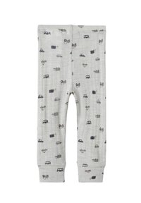 Ljusgråa babypants med ett lekfullt mönster av olika bilar och fordon, lämpliga för avslappnad användning.