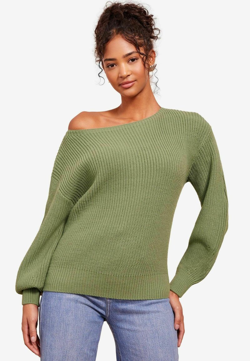 Grüner, schulterfreier Strickpullover mit langen, weit geschnittenen Ärmeln und gerippter Textur. Verfügt über einen engen Saum und eine lässige Silhouette.