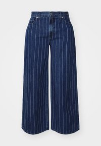 Dark blue denim wide-leg pants with white vertical stripes, featuring a button and zipper closure, and side pockets.