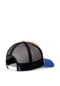 Trucker cap with a black mesh back, orange top panel, and blue brim. Adjustable plastic snap closure at the back for fit.