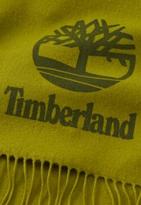 Sciarpa verde con bordi frangiati, che presenta un logo scuro di un albero e la parola "Timberland" stampata in modo evidente. Texture morbida.