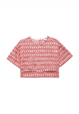 Rød og hvid cropped top med et tekstureret mønster, kortærmet og rund halsudskæring. Stof ser ud til at være vævet med en let design.