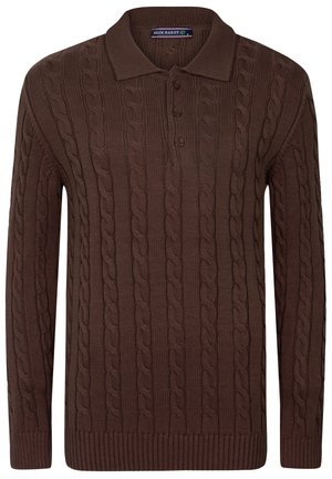 Pull polo marron à manches longues en maille torsadée avec trois boutons et poignets et ourlet en côte, étiqueté Felix Hardy, taille moyenne.