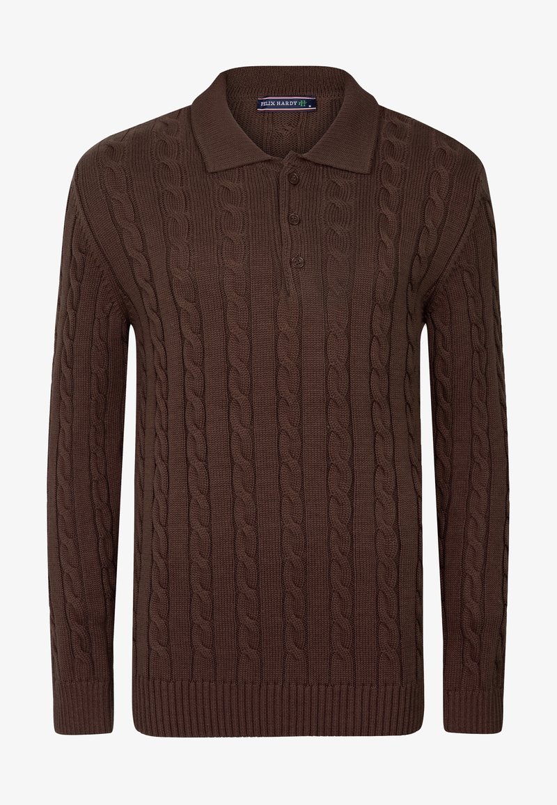 Pull polo marron à manches longues en maille torsadée avec trois boutons et poignets et ourlet en côte, étiqueté Felix Hardy, taille moyenne.