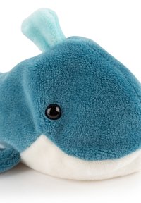 Soft blue and white plush whale toy with black eyes and a small dorsal fin, resting on a white surface.