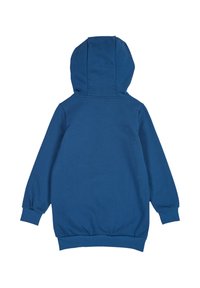 Blaues Hoodie mit großer, gefütterter Kapuze, gerippten Bündchen und Saum. Aus einem weichen, strukturierten Stoff für Komfort gefertigt. Nur Rückansicht.