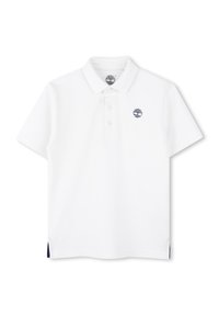 Polo shirt blanc à manches courtes, avec une patte de boutonnage à trois boutons et un logo marine sur la poitrine. Présente des fentes latérales avec des accents marins.