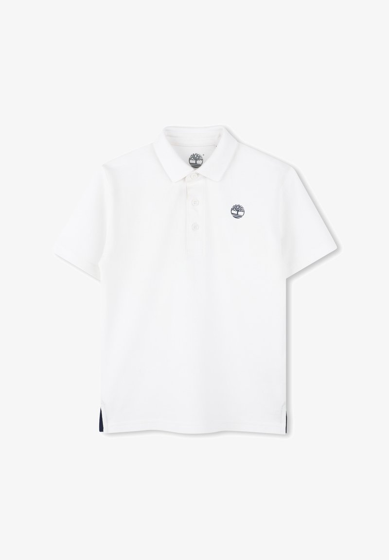 Polo shirt blanc à manches courtes, avec une patte de boutonnage à trois boutons et un logo marine sur la poitrine. Présente des fentes latérales avec des accents marins.