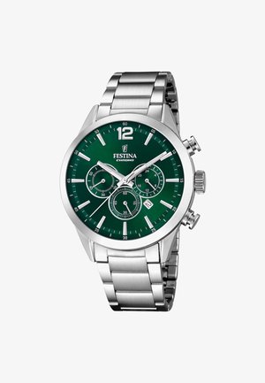 Zilverkleurig metalen Festina chronograaf polshorloge met donkergroene wijzerplaat, drie subwijzers, datumvenster en zilverkleurige uurmarkeringen en wijzers.