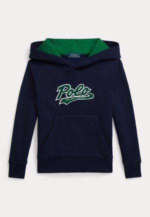 Sudadera de color azul marino con capucha forrada en verde, bolsillo canguro frontal y un logo bordado en blanco con la palabra "Polo" y "RALPH LAUREN" debajo.