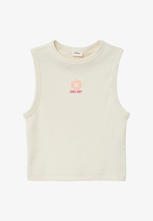 Rippenshirt in Creme mit Rundhalsausschnitt und ärmellosem Design. Mit einer gestickten Sonnengrafik in Hellrosa und Orange mit dem Aufdruck "CHILL OUT".
