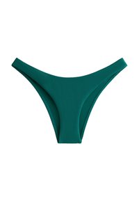 Slipul de baie teal cu falduri prezintă un croi jos și o acoperire minimă, realizat dintr-un material elastic pentru confort și potrivire.