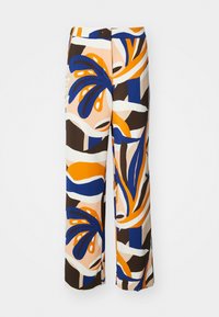 Wide-leg trousers in a multicolored pattern featuring blue, orange, and brown hues. Made of lightweight fabric with abstract floral designs.