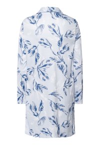 Camicia a maniche lunghe in tessuto azzurro chiaro con un motivo di foglie bianche e navy. Colletto classico e vestibilità ampia con orlo dritto.