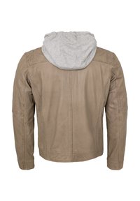 Braune Lederjacke mit grauem Kapuzenpullover, die eine glatte Textur, detaillierte Nähte und ein modernes Design aufweist. Rückansicht angezeigt.