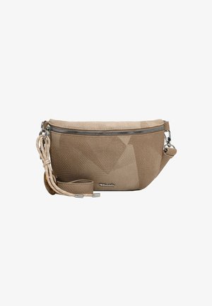 Brun tekstureret stof crossbody taske med sølv lynlås, justerbar rem og dekorativ knyttet snor på hvid baggrund.