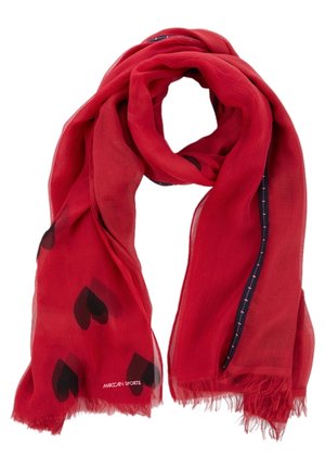 Czerwona lekka chusta z czarnymi wzorami w kształcie serc, frędzlami na brzegach oraz logo "Marc Cain Sports" na jednym końcu.