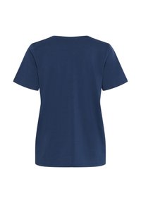 T-shirt blu navy con maniche corte, collo rotondo, realizzato in tessuto morbido, design semplice e vestibilità standard. Nessun motivo o dettaglio hardware.