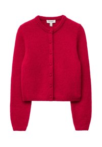 Roter, gestrickter Cardigan aus weichem, strukturiertem Material. Mit Rundhalsausschnitt, Knopfleiste vorne sowie gerippten Bündchen und Saum.