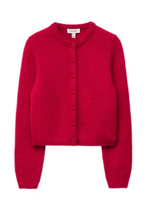 Roter, gestrickter Cardigan aus weichem, strukturiertem Material. Mit Rundhalsausschnitt, Knopfleiste vorne sowie gerippten Bündchen und Saum.
