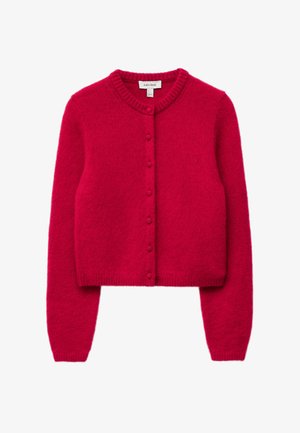 Red knitted cardigan made of soft, textured material. Features a round neck, button front closure, and ribbed cuffs and hem.
