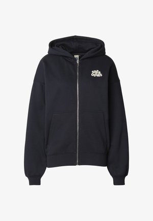 Laivastonsininen vetoketjullinen huppari, valmistettu pehmeästä kankaasta, jossa on vaaleanvärinen etulogokuvio, suuret taskut ja kiristysnauhalla varustettu huppu.