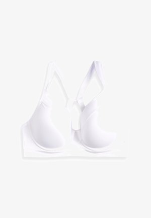 Bela športna zapestnica z oblikovanimi skodelicami, širokim trakovi in križnimi naramnicami na hrbtu za podporo. Gladka tekstura in aerodinamičen dizajn.