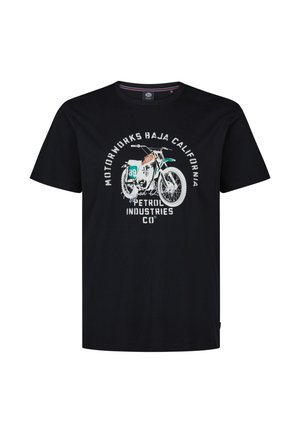 Zwart katoenen T-shirt met een grafische illustratie van een motorfiets en de tekst "Motorworks Baja California Petrol Industries Co."