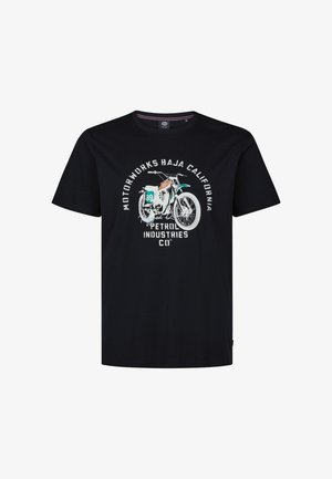 Zwart katoenen T-shirt met een grafische illustratie van een motorfiets en de tekst "Motorworks Baja California Petrol Industries Co."