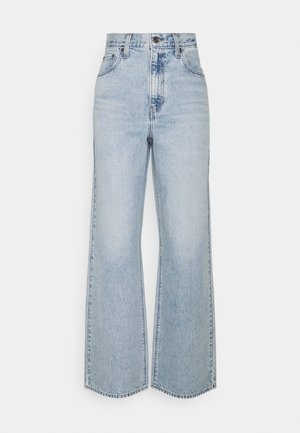 Helle blaue Jeans im weiten Schnitt mit hoher Taille, klassischem Fünf-Taschen-Design und kontrastierenden Nähten. Unfinished Saum am unteren Ende.