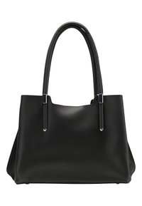 Sac fourre-tout en cuir noir avec deux poignées robustes, texture lisse, ouverture en haut et design minimaliste. Présente des accents argentés pour une durabilité accrue.