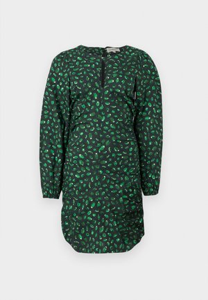 Vestido verde con estampado, que presenta un cierre de cremallera, mangas largas y un escote redondo. Confeccionado en tela ligera con un estampado texturizado.