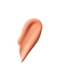 Tache lisse de crème cosmétique couleur pêche avec une pointe légèrement effilée sur fond blanc.