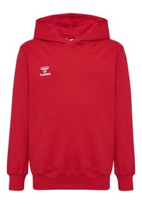 Felpa rossa con cappuccio realizzata in tessuto morbido, dotata di tasca frontale, maniche lunghe e cappuccio. Il logo del marchio è impresso in bianco sul petto.