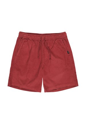 Rode ribfluwelen shorts met elastische tailleband, trekkoord en zijzakken op een witte achtergrond.