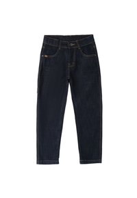 Jeans de mezclilla oscura con costuras en contraste, cinco bolsillos, cierre de botón y un diseño de pierna recta. El acabado incluye una etiqueta de la marca.