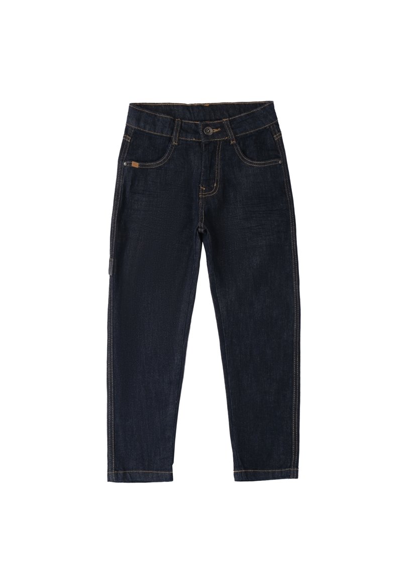 Jeans de mezclilla oscura con costuras en contraste, cinco bolsillos, cierre de botón y un diseño de pierna recta. El acabado incluye una etiqueta de la marca.