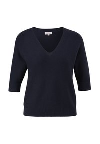 Pull bleu marine en maille à manches courtes, col en V, avec poignets et ourlet côtelés, présenté sur fond blanc.